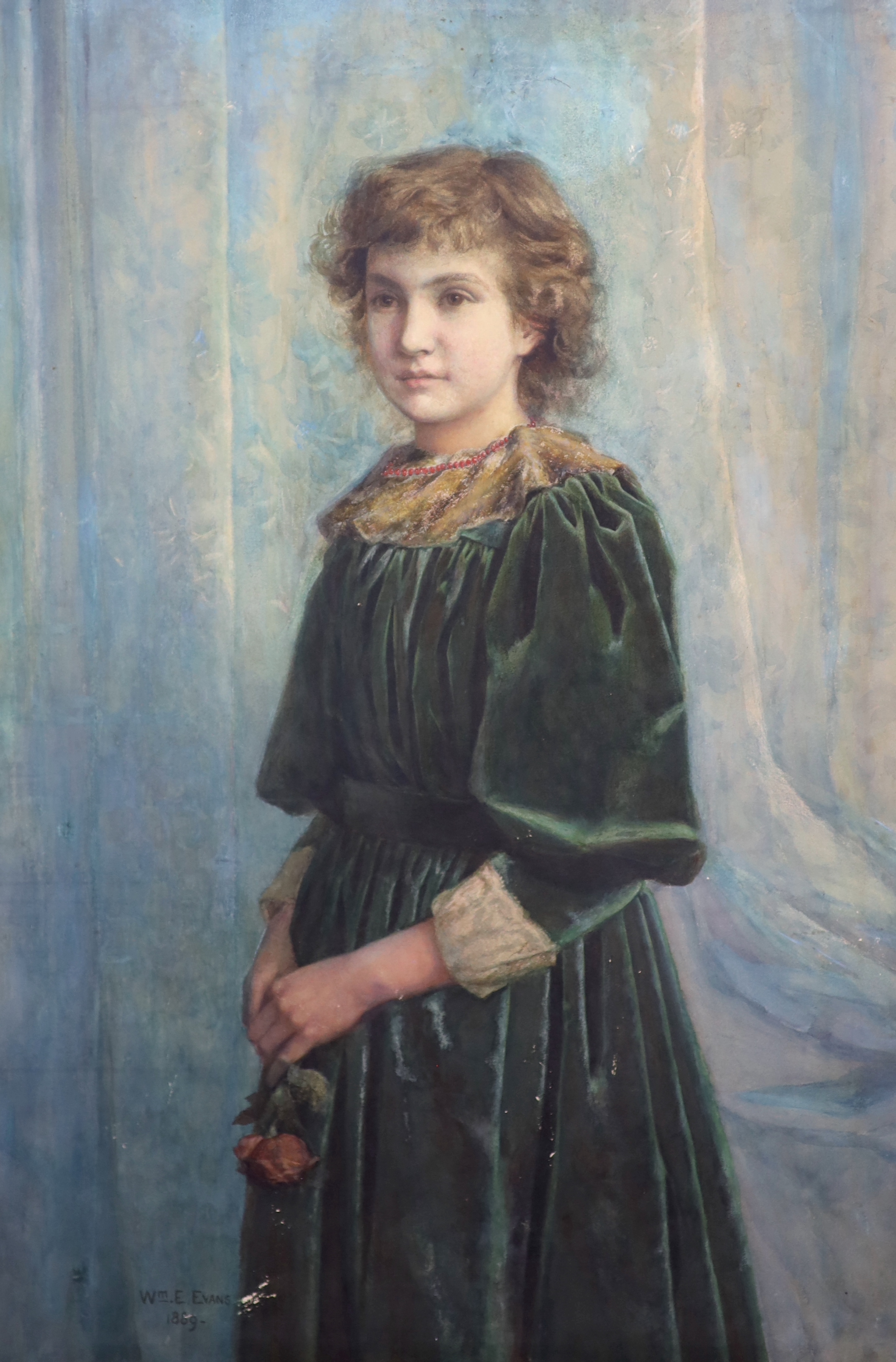 William E. Evans (d.1909), oil on board, Portrait of a girl holding a rose, signed and dated 1889, 75 x 49cm